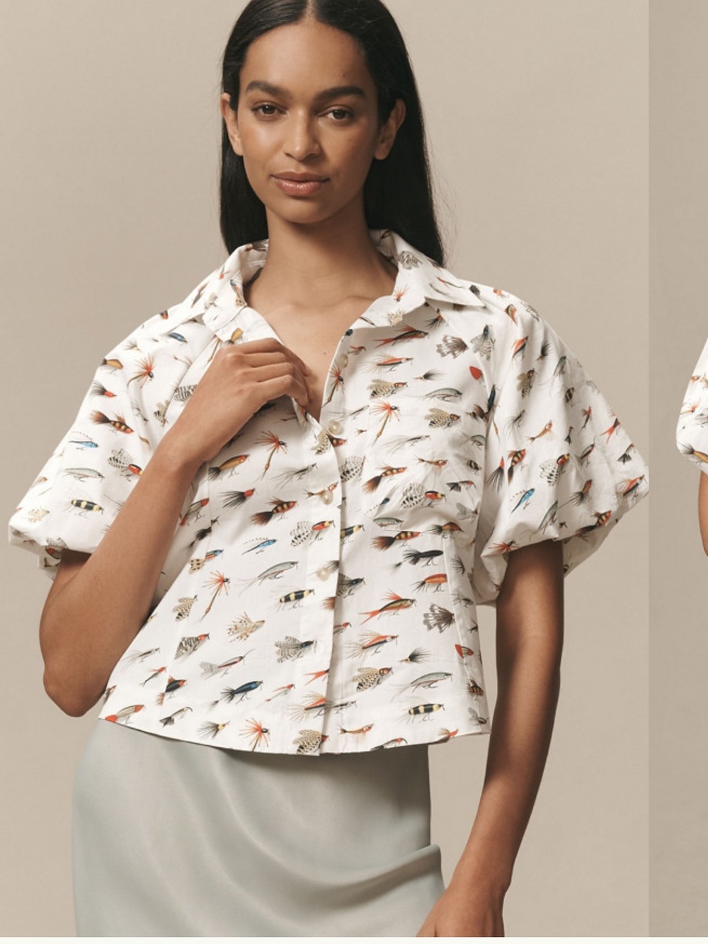 Anthropologie Maeve White bubble sleeve with fish motif